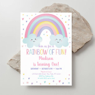 Invitation Premier Anniversaire Nuages Arc-en-Ciel Pastel