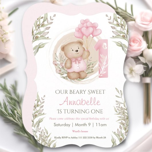 Invitation Premier anniversaire Ourson Mignon Cœur Ballons