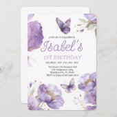 Invitation Premier anniversaire, Papillon aux fleurs violet e (Devant / Derrière)