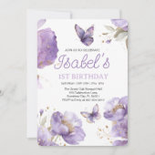 Invitation Premier anniversaire, Papillon aux fleurs violet e (Devant)