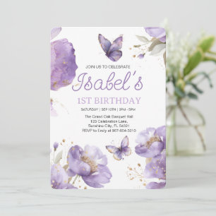 Invitation Premier anniversaire, Papillon aux fleurs violet e