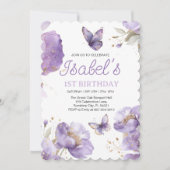 Invitation Premier anniversaire, Papillon aux fleurs violet e (Devant)