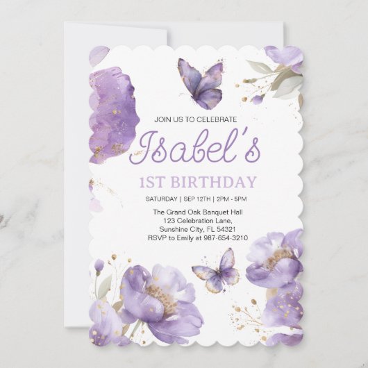 Invitation Premier anniversaire, Papillon aux fleurs violet e (Devant)