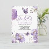 Invitation Premier anniversaire, Papillon aux fleurs violet e (Debout devant)