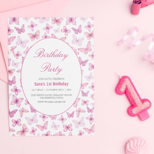 Invitation Premier Anniversaire Papillons rose et violet