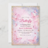 Invitation Premier anniversaire Parties scintillant rose papi (Devant)