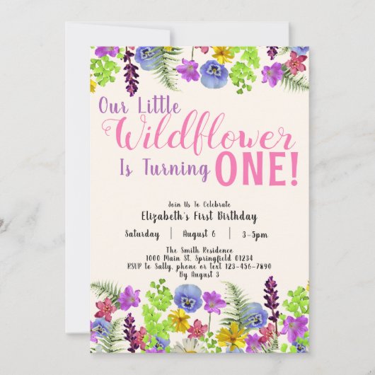 Invitation Premier anniversaire Petit Fleur sauvage Floral Gi (Devant)