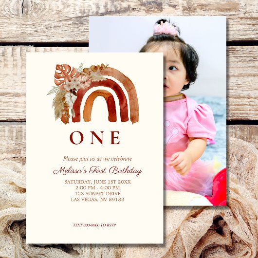 Invitation Premier anniversaire Photo Terre Tone Boho Arc-en-