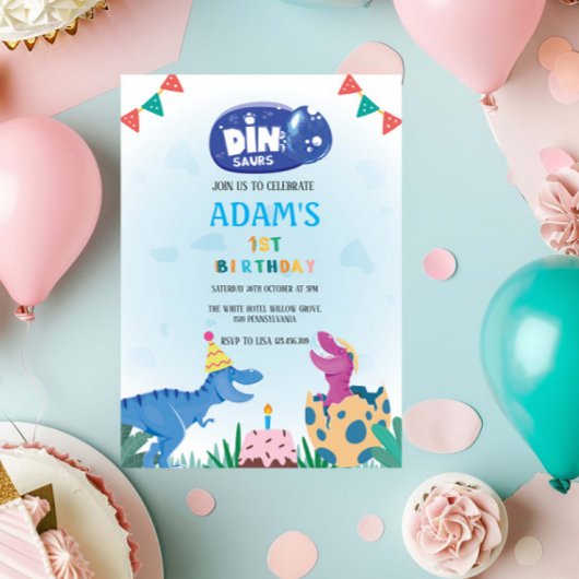 Invitation Premier anniversaire Pink & Blue Dinosaur