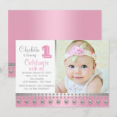 Invitation Premier anniversaire Pink Silver Pearl (Devant / Derrière)