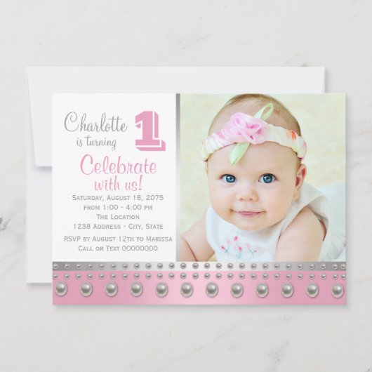Invitation Premier anniversaire Pink Silver Pearl (Devant)