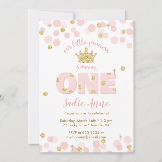 Invitation Premier anniversaire Princess Pink Gold Parties sc (Devant)