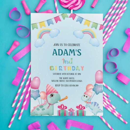 Invitation Premier Anniversaire Rainbow & Green Dinosaur