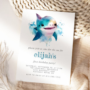 Invitation Premier Anniversaire Requin Bleu Mignon Aquarelle