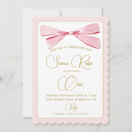 Invitation Premier Anniversaire rose Aquarelle Bow Cute (Devant)