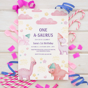 Invitation Premier Anniversaire rose Dinosaures