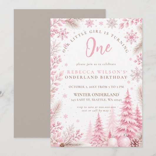 Invitation Premier anniversaire rose flocon de neige Onderlan (Devant / Derrière)