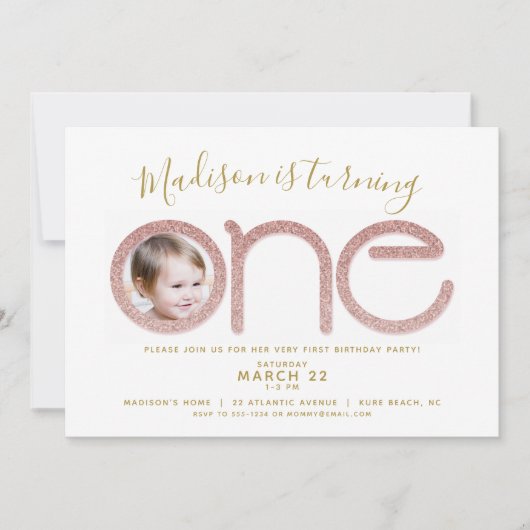 Invitation Premier anniversaire Rose Gold Parties scintillant (Devant)