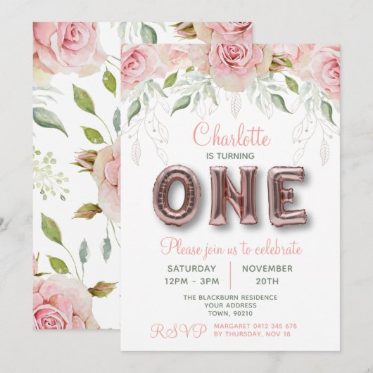 Invitation Premier Anniversaire Rose Gold Rose Balloon (Devant / Derrière)