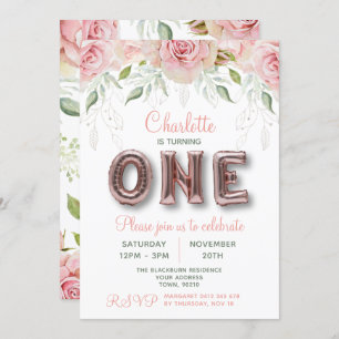 Invitation Premier Anniversaire Rose Gold Rose Balloon