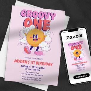 Invitation Premier Anniversaire Rose Groovy Rétro Soleil