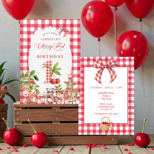 Invitation Premier anniversaire rouge à carreaux de bébé Ceri