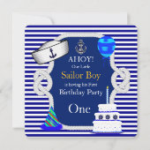 Invitation Premier Anniversaire Sailor Boy Blue Stripe (Devant)