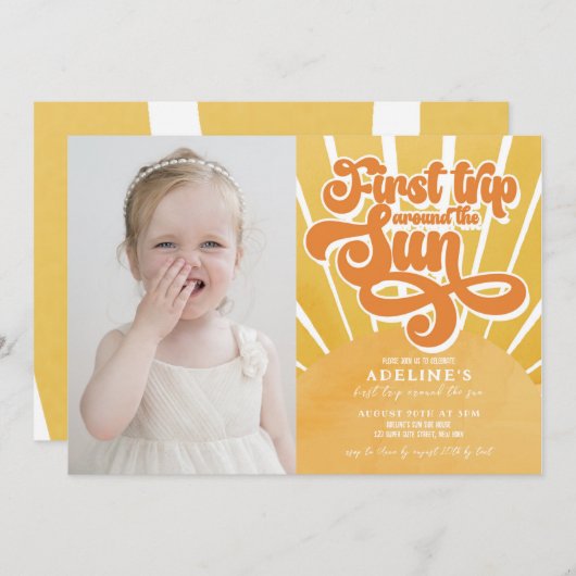 Invitation Premier Anniversaire Sunshine Orange Boho Cute Par (Devant / Derrière)