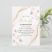 Invitation Premier Anniversaire Thème de papillon rose et or (Debout devant)