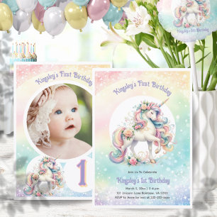 Invitation Premier anniversaire Unicorne Photo Rainbow Pastel