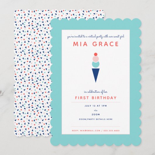 Invitation Premier Anniversaire virtuel Crème de glace Zoom P (Devant / Derrière)