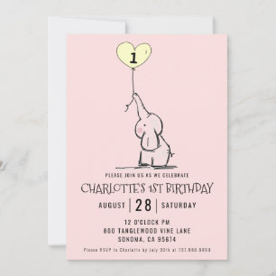 Invitation Premier anniversaire Whimsical   Rose éléphant