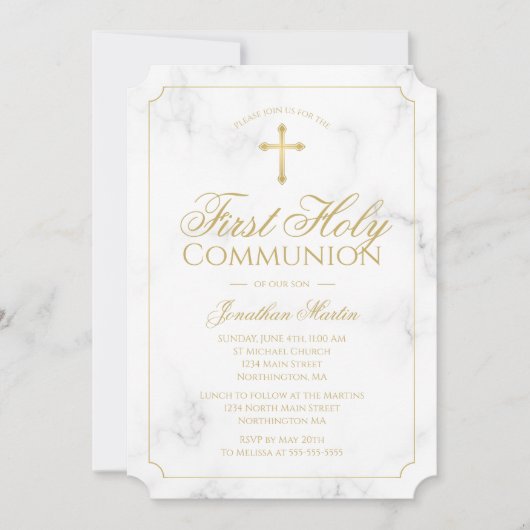 Invitation Premier Communion Marbre Elegant Gold Script garço (Devant)