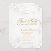 Invitation Premier Communion Marbre Elegant Gold Script garço (Devant / Derrière)