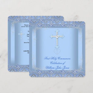 Invitation Premier garçon communion solennelle argent bleu