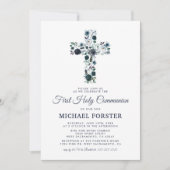 Invitation Premier garçon de la Sainte Communion Croix floral (Devant)