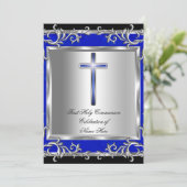 Invitation Premier garçon ou fille communion argent bleu (Debout devant)