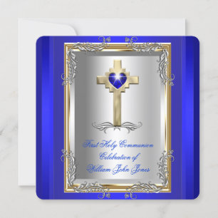 Invitation Premier garçon Sainte Communion Argent Or Royal Bl