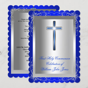 Invitation Premier garçon Sainte Communion Argent Royal Bleu
