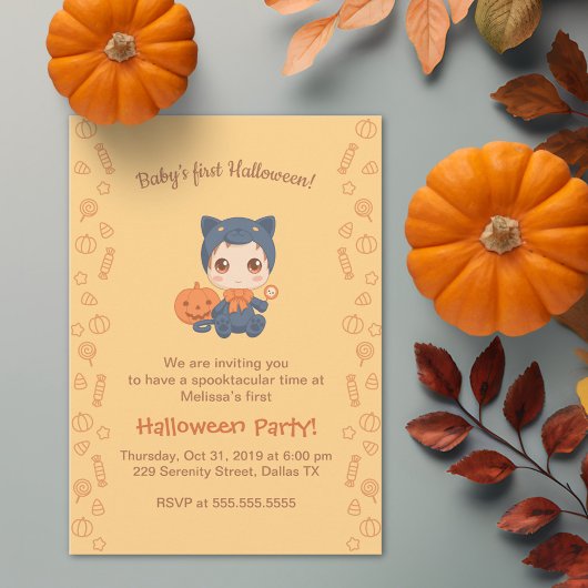 Invitation Premier Halloween Baby mignonne Black Cat Party