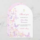Invitation Premier Merci à papillon rose de la Communion (Devant / Derrière)