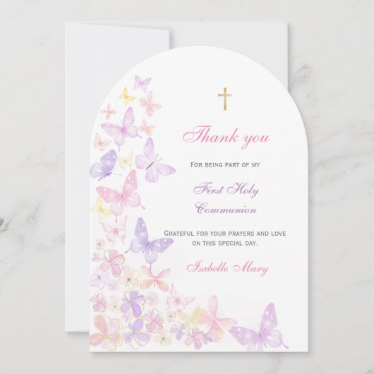 Invitation Premier Merci à papillon rose de la Communion (Devant)