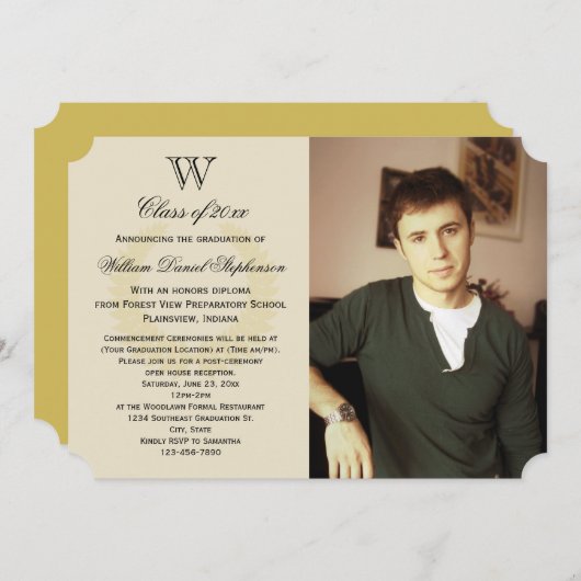 Invitation Premier Monogramme Yellow Gold Photo Graduation (Devant / Derrière)
