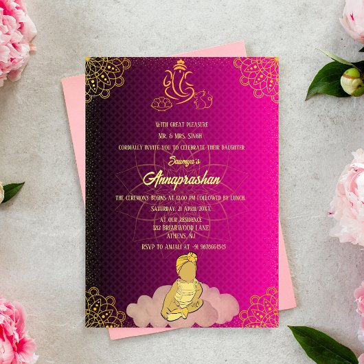 Invitation Premier Riz "Annaprashan" Indien Baby Image rose