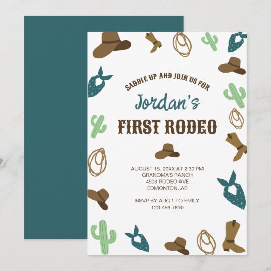 Invitation Premier Rodéo Anniversaire 1er Cowboy Cute Western (Devant / Derrière)