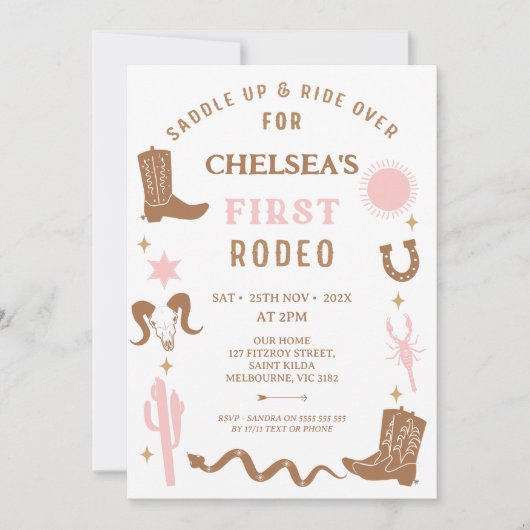 Invitation Premier Rodéo de la première fille rose Brown 1er (Devant)