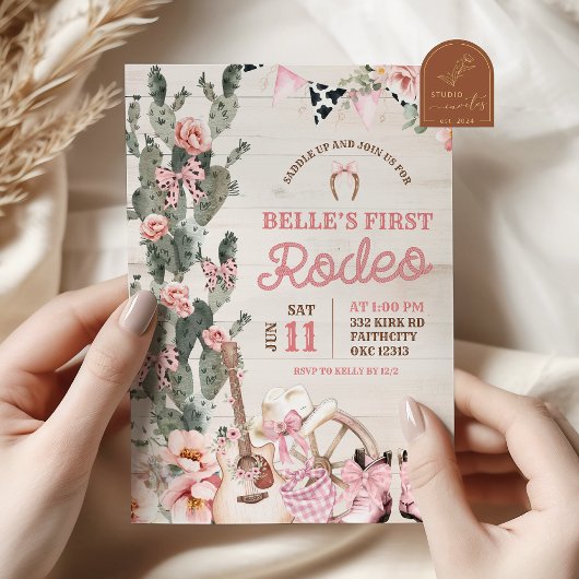 Invitation Premier Rodéo Fille Bois Rustique Rose