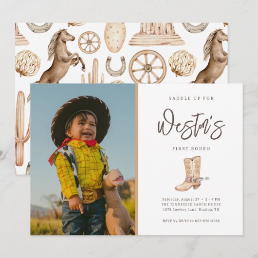 Invitation Premier Rodéo Neutre Sud Cowboy Anniversaire Invit (Devant / Derrière)