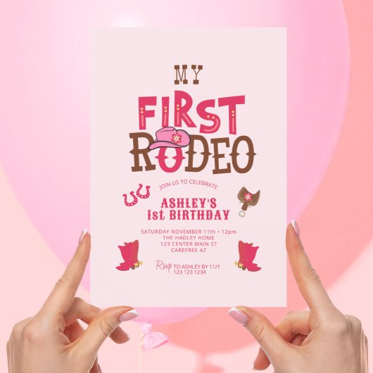 Invitation Premier Rodéo rose Cowgirl 1er anniversaire