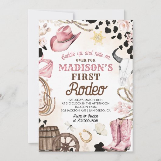 Invitation Premier Rodéo Wild West Cowgirl rose fille Anniver (Devant)